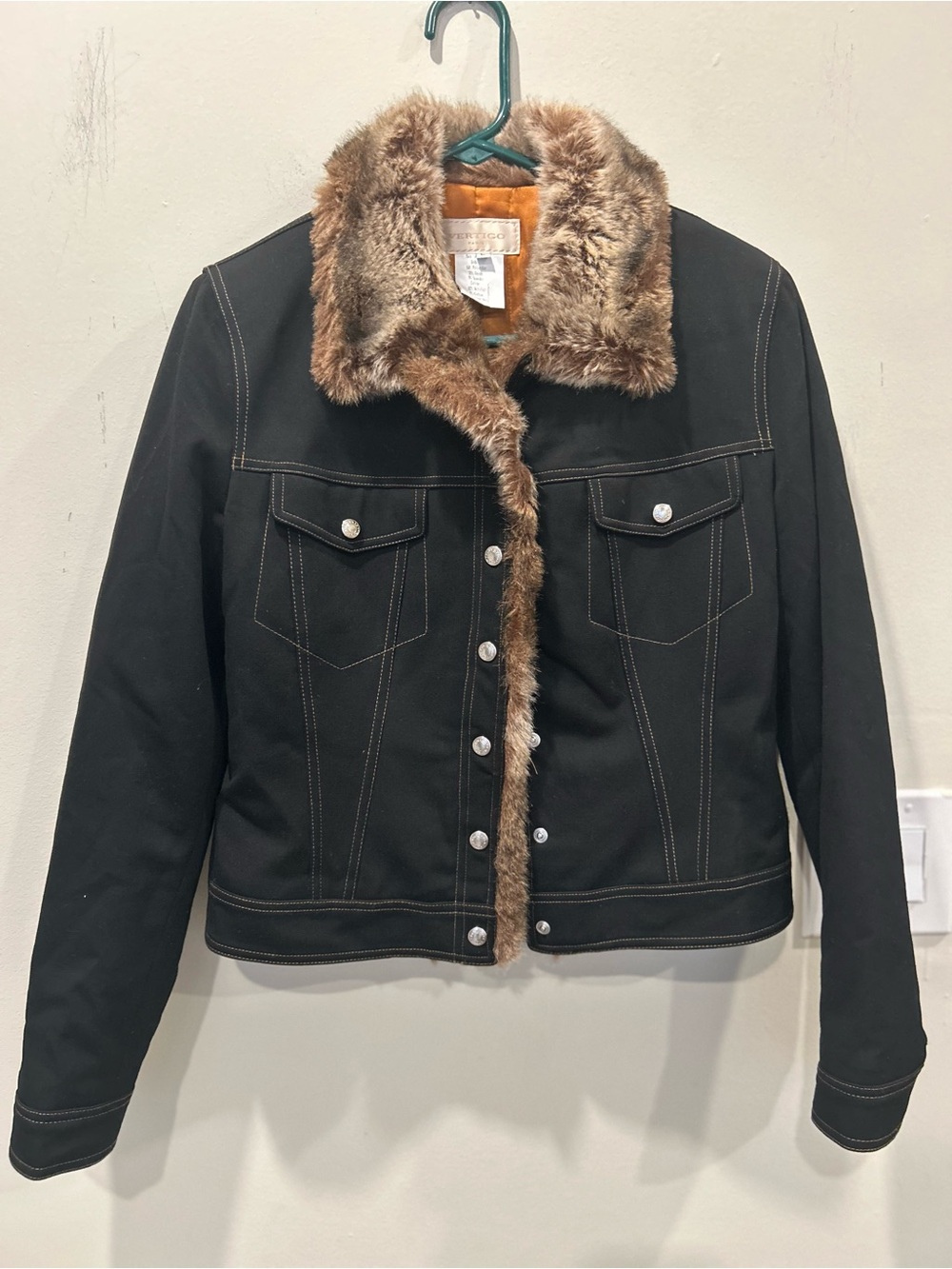 Vertigo Paris Faux Fur Trim Black Snap Front Jacket Women's Size Large